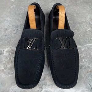 Louis Vuitton Black Corduroy Loafers with Metal LV Logo